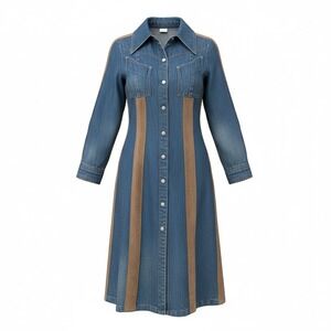 Vintage Landlubber Denim Western Dress 70s Blue Tan Suede Trim Button Front Sz 7